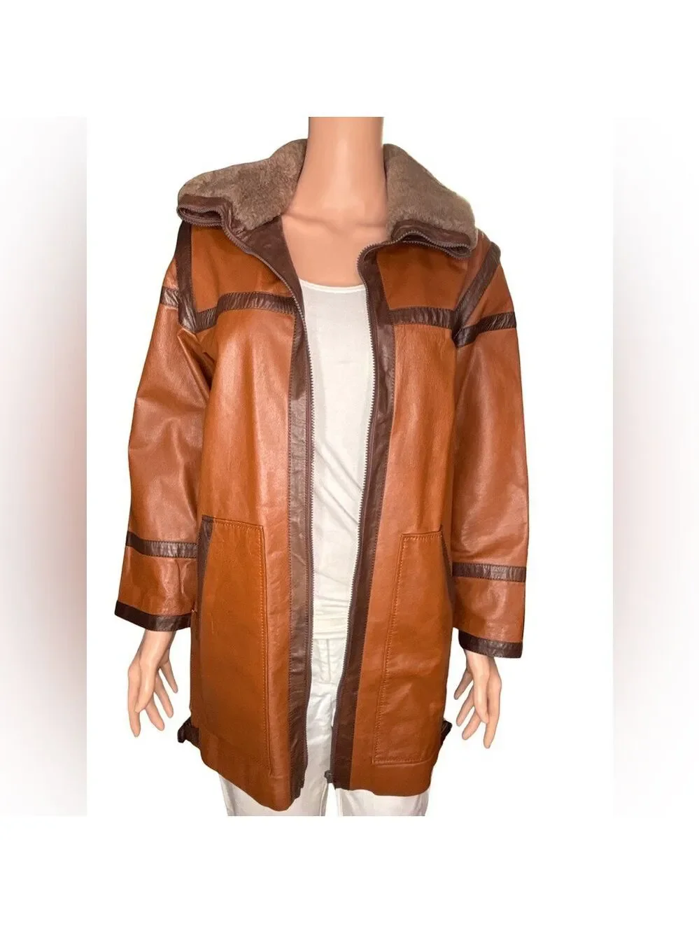 Vegan Leather Long Coat with Faux Fur Collar Medium